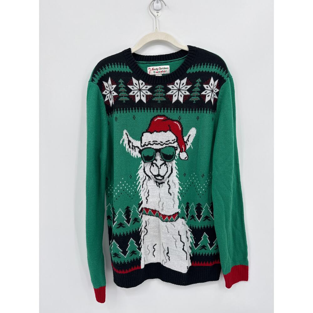 Novelty Christmas Llama Sweater Green Black Funny Ugly Xmas Excellent Size Large